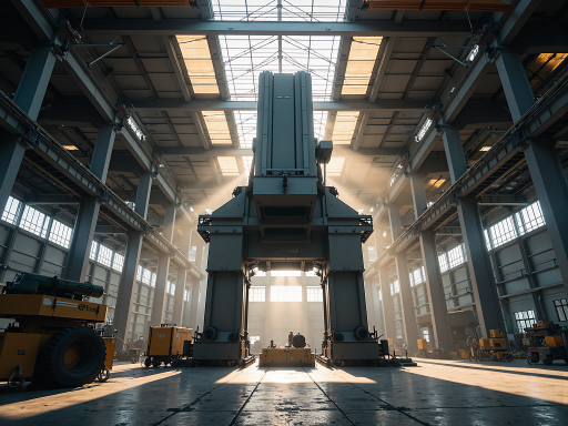 Steel structure manufacturing facility with heavy machinery and workers in safety gear, industrial environment with large steel components being assembled, bright natural lighting