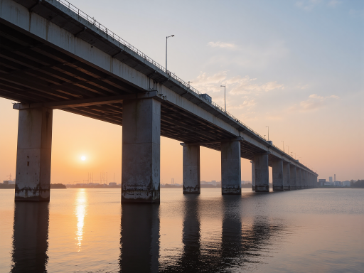 Modern steel bridge structure spanning over water or road, multiple steel trusses visible, urban landscape background, daylight conditions