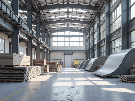 Large warehouse building with steel frame construction, metal cladding panels, multiple loading docks, industrial setting, clear weather conditions